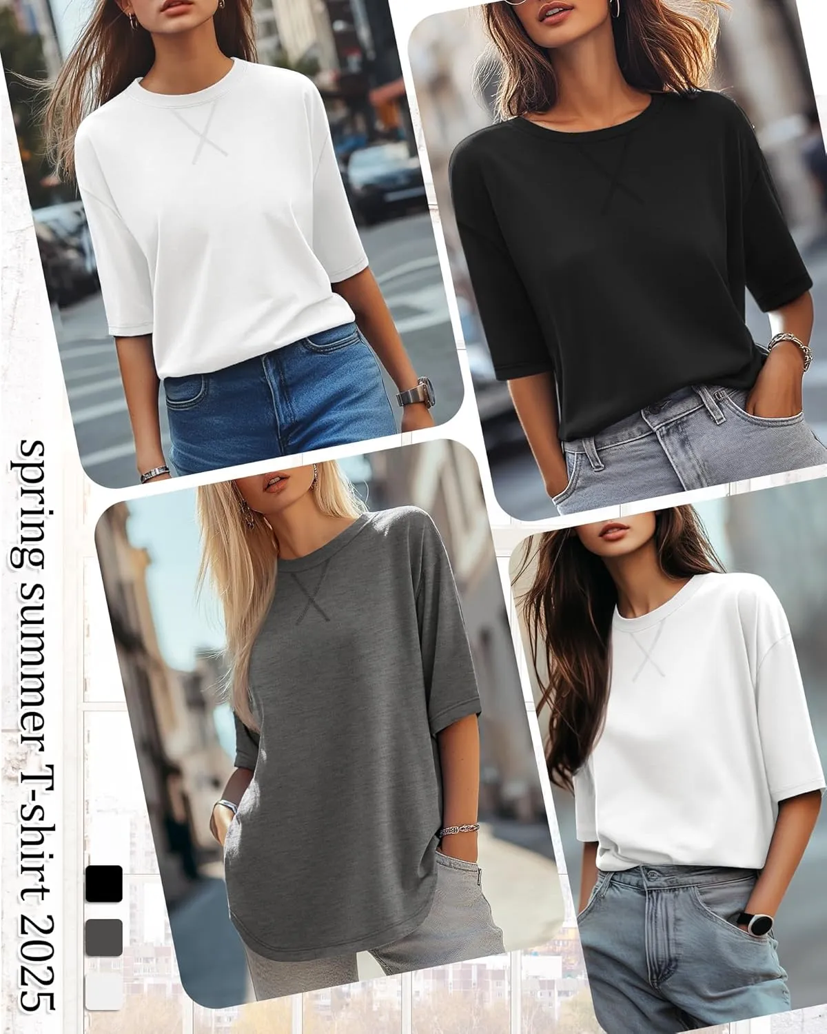 Riyiper 3 Pack Women's 3/4 Sleeve Tunic Tops Cotton Round Neck Loose Elbow Shirts Summer Curved Hem Side Split Blouse