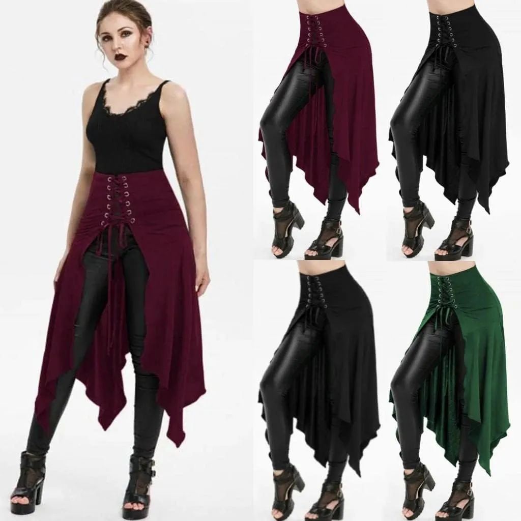 RKSTN Women Halloween Punk Skirt Asymmetric Lace-Up Slit Front Skirt Hippie Gothic Clothes High Waisted Bandage Long Skirts