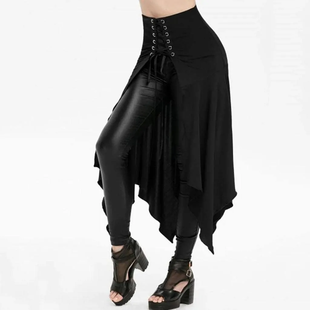 RKSTN Women Halloween Punk Skirt Asymmetric Lace-Up Slit Front Skirt Hippie Gothic Clothes High Waisted Bandage Long Skirts