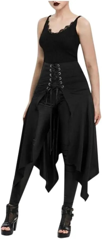 RKSTN Women Halloween Punk Skirt Asymmetric Lace-Up Slit Front Skirt Hippie Gothic Clothes High Waisted Bandage Long Skirts