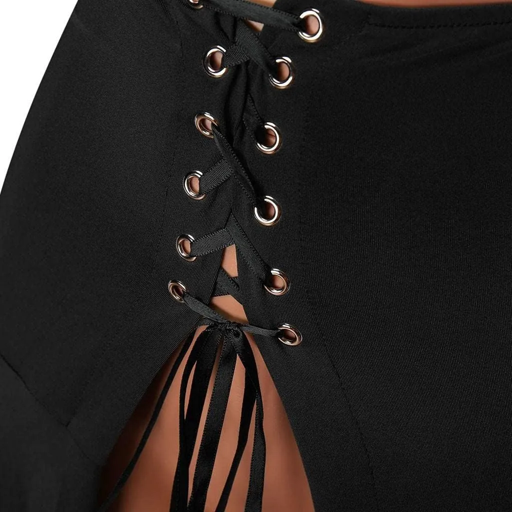 RKSTN Women Halloween Punk Skirt Asymmetric Lace-Up Slit Front Skirt Hippie Gothic Clothes High Waisted Bandage Long Skirts