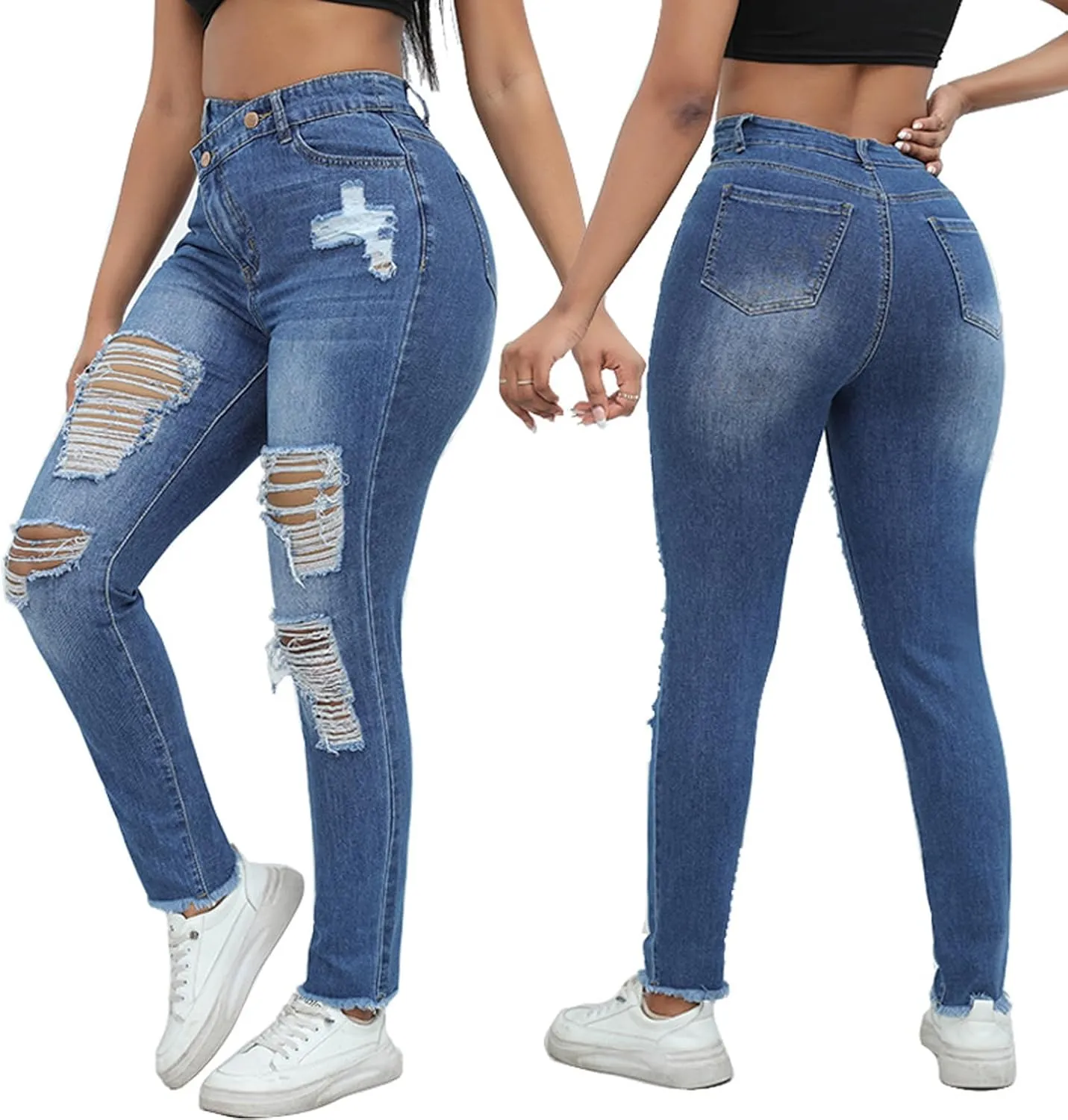 Romastory Womens Jeans High Waisted Ripped Stretchy Pants Classic Distressed Jeans for Women