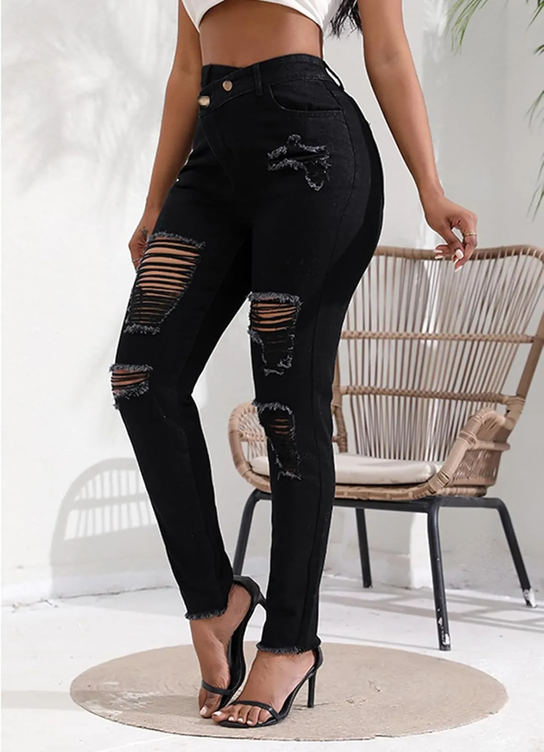 Romastory Womens Jeans High Waisted Ripped Stretchy Pants Classic Distressed Jeans for Women