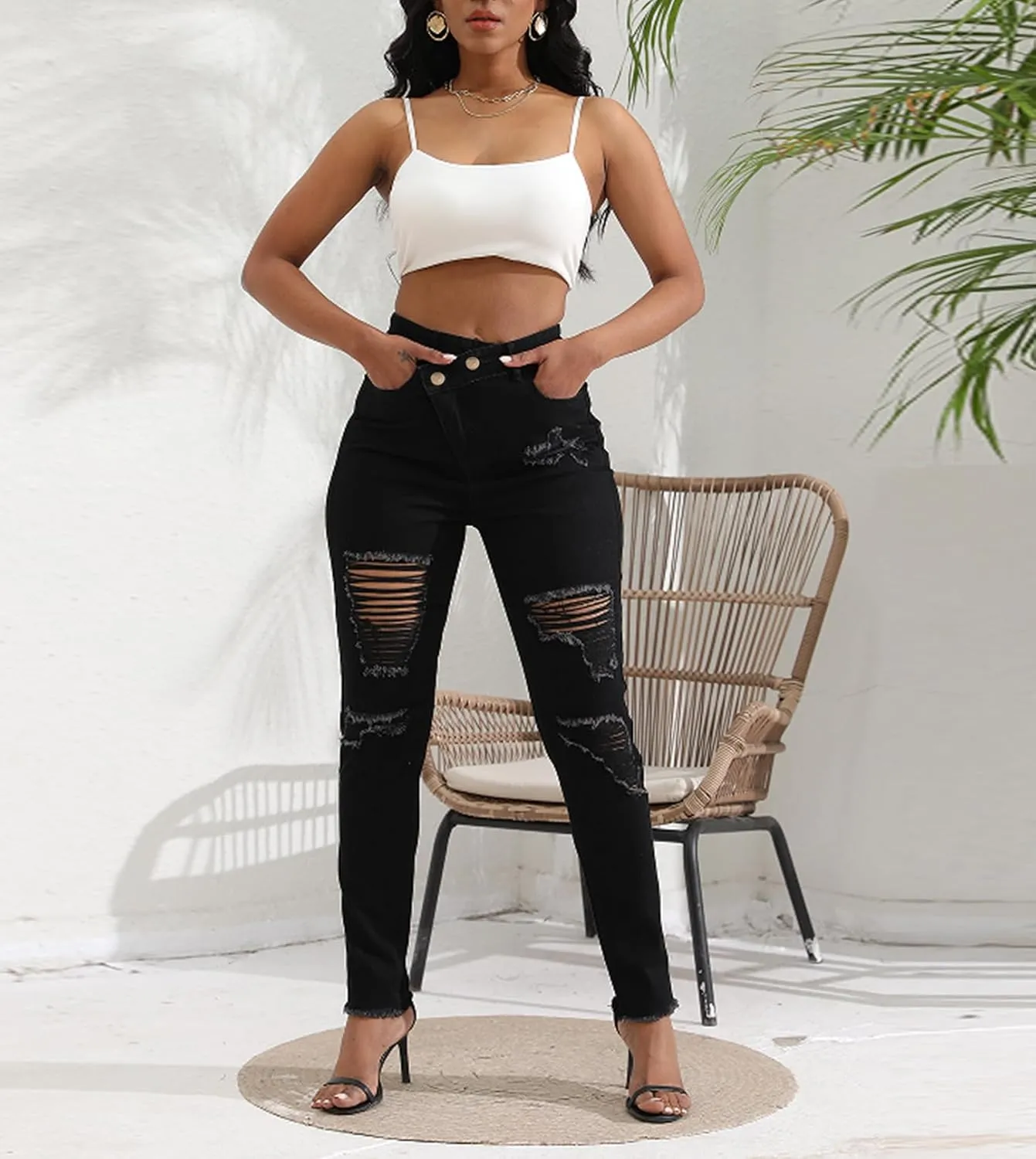 Romastory Womens Jeans High Waisted Ripped Stretchy Pants Classic Distressed Jeans for Women
