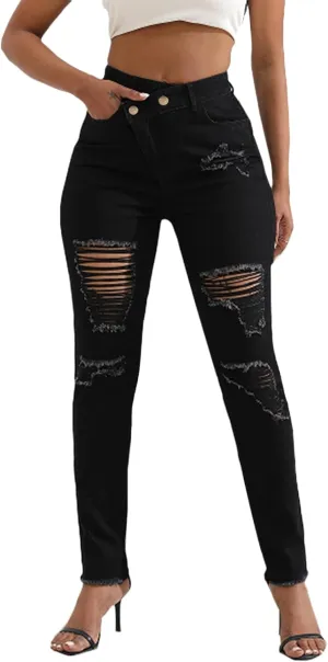 Romastory Womens Jeans High Waisted Ripped Stretchy Pants Classic Distressed Jeans for Women