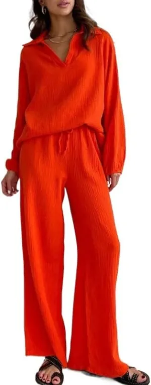 RONGTAI Womens 2 Piece Outfits Casual Long Sleeve Button Down Top Wide Leg Pant 2 Pcs Loungewear With Pocket Pajama Sets