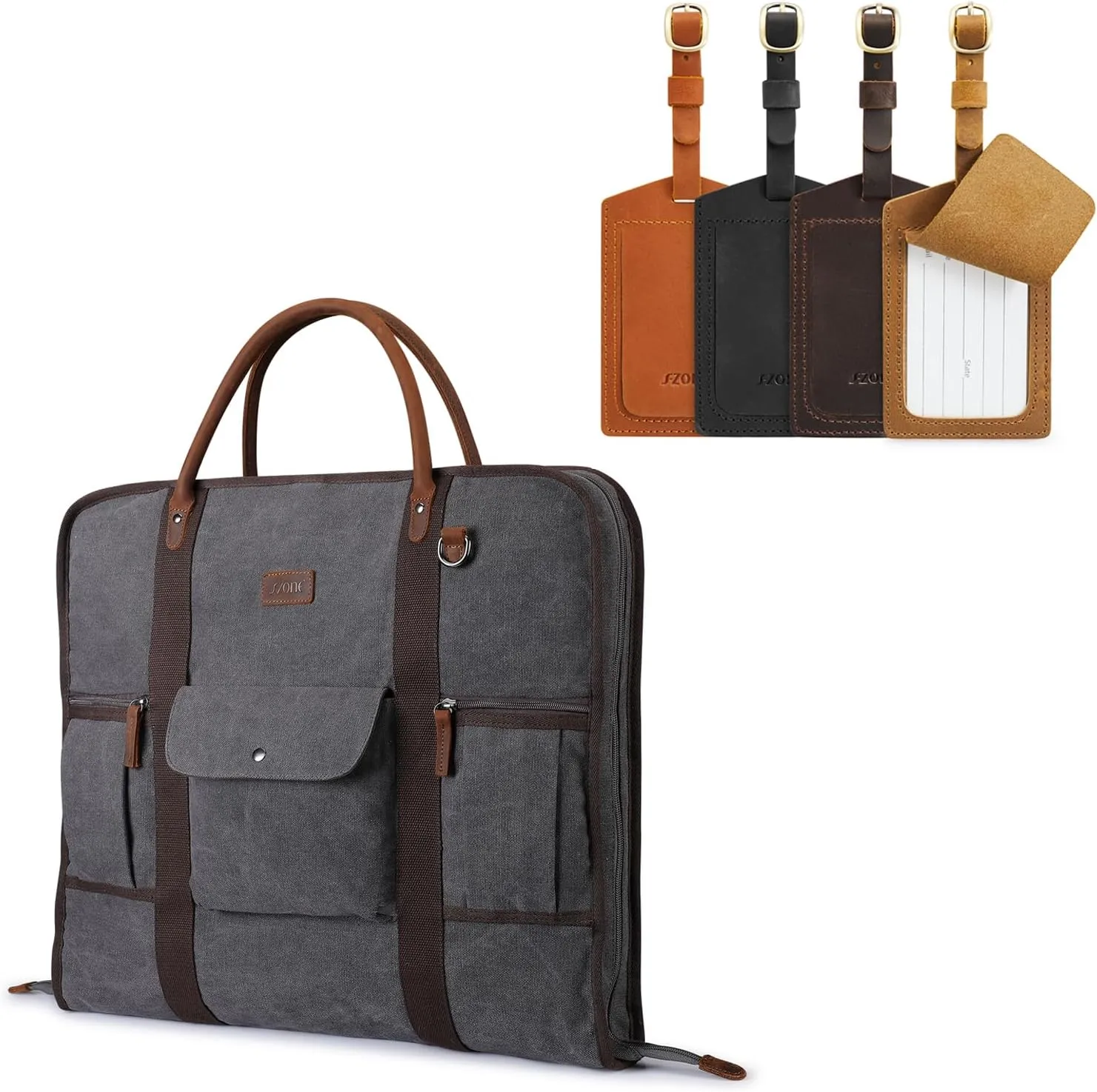 S-ZONE Carry On Garment Bag for Business and Leather Luggage Tag Bundle