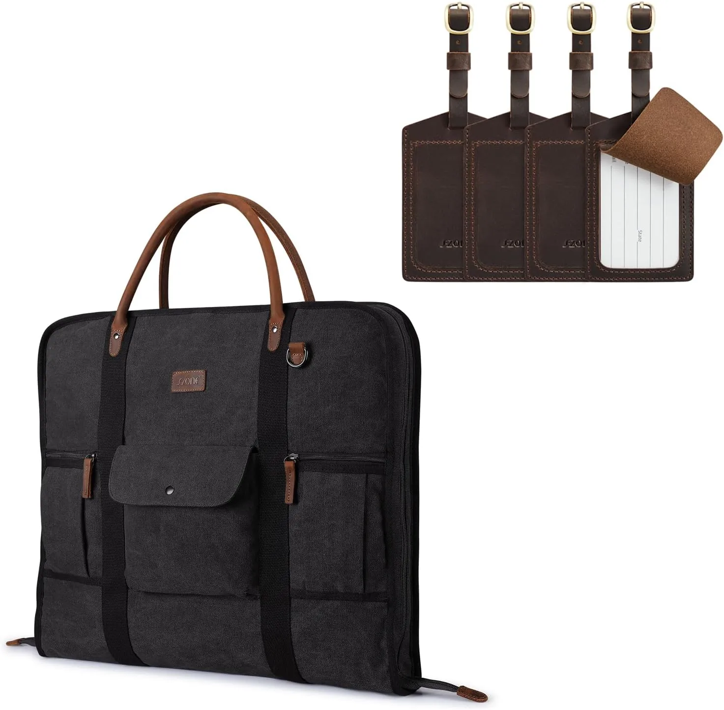 S-ZONE Carry On Garment Bag for Business and Leather Luggage Tag Bundle