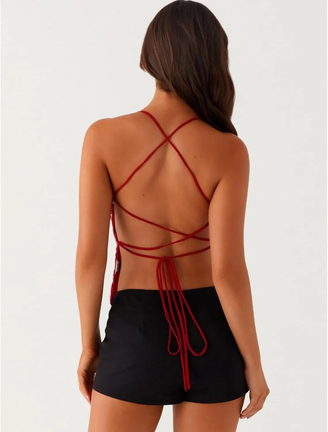 SAFRISIOR Women Y2K Floral Sequin Cami Top Sexy Sparkle Tank V Neck Open Back Cute Criss Cross Straps Halter Crop Tops