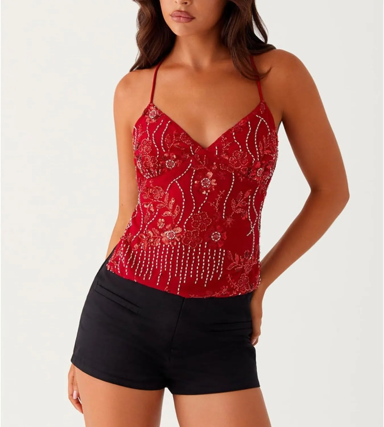 SAFRISIOR Women Y2K Floral Sequin Cami Top Sexy Sparkle Tank V Neck Open Back Cute Criss Cross Straps Halter Crop Tops