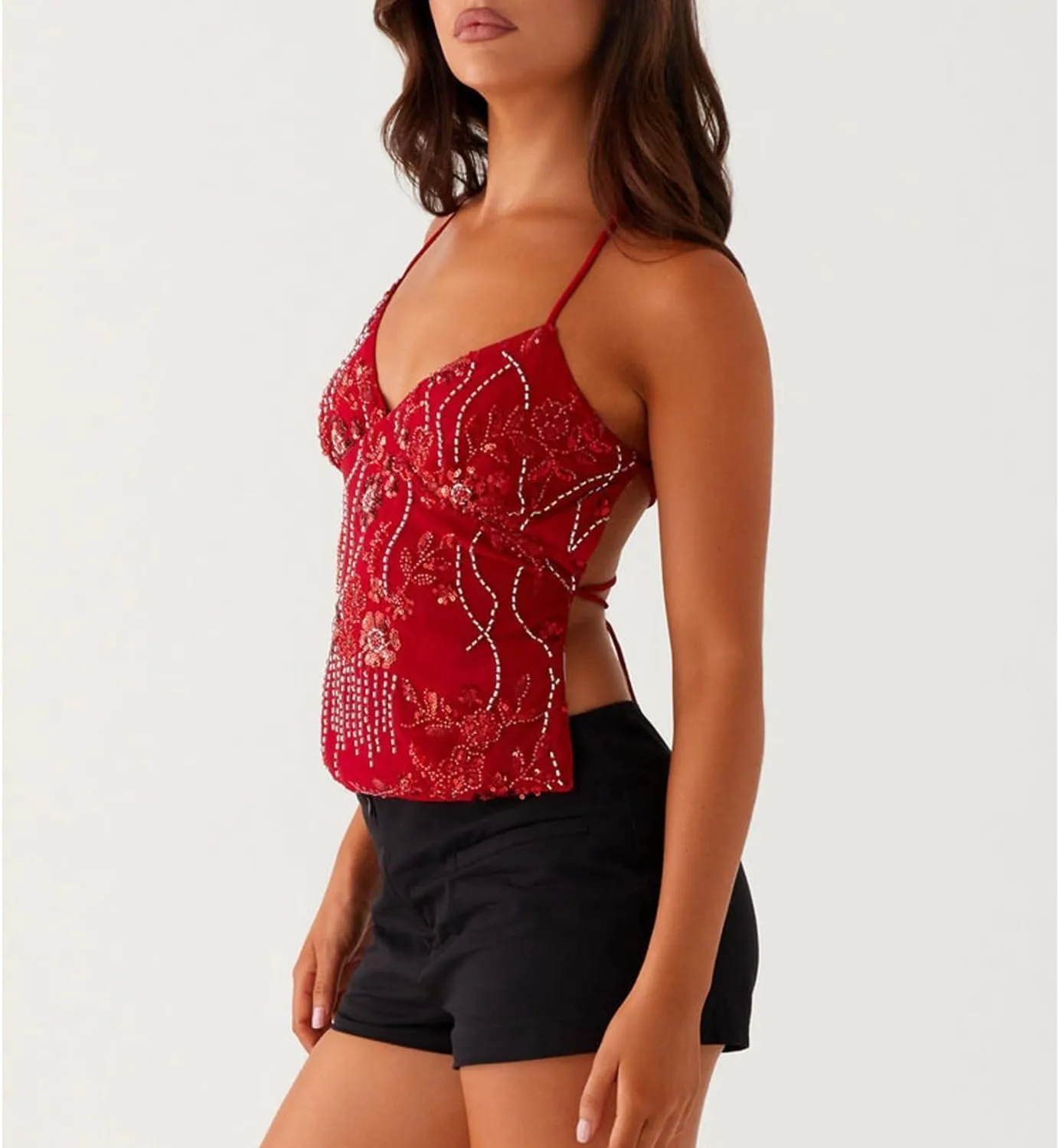 SAFRISIOR Women Y2K Floral Sequin Cami Top Sexy Sparkle Tank V Neck Open Back Cute Criss Cross Straps Halter Crop Tops