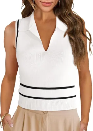 Saodimallsu Womens Sleeveless Cropped Sweater Vest V Neck Collared Color Block Y2k Crop Tank Top Summer Polo Shirts