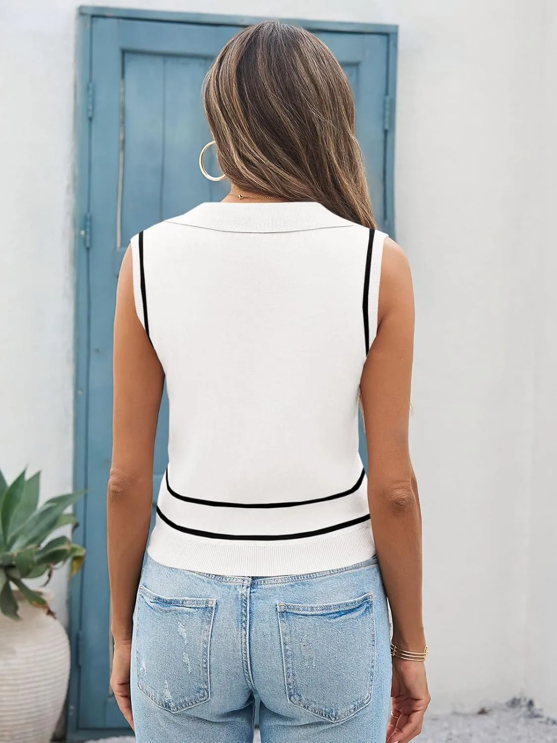 Saodimallsu Womens Sleeveless Cropped Sweater Vest V Neck Collared Color Block Y2k Crop Tank Top Summer Polo Shirts