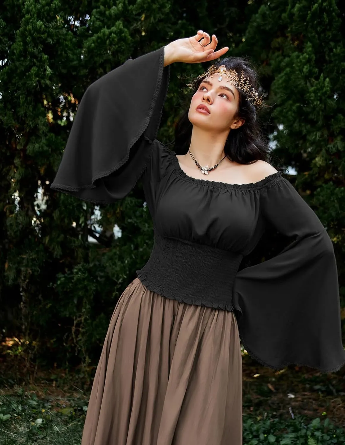 Scarlet Darkness Women Bell Sleeve Smocked Top Off The Shoulder Peasant Blouse Renaissance Pirate Shirt