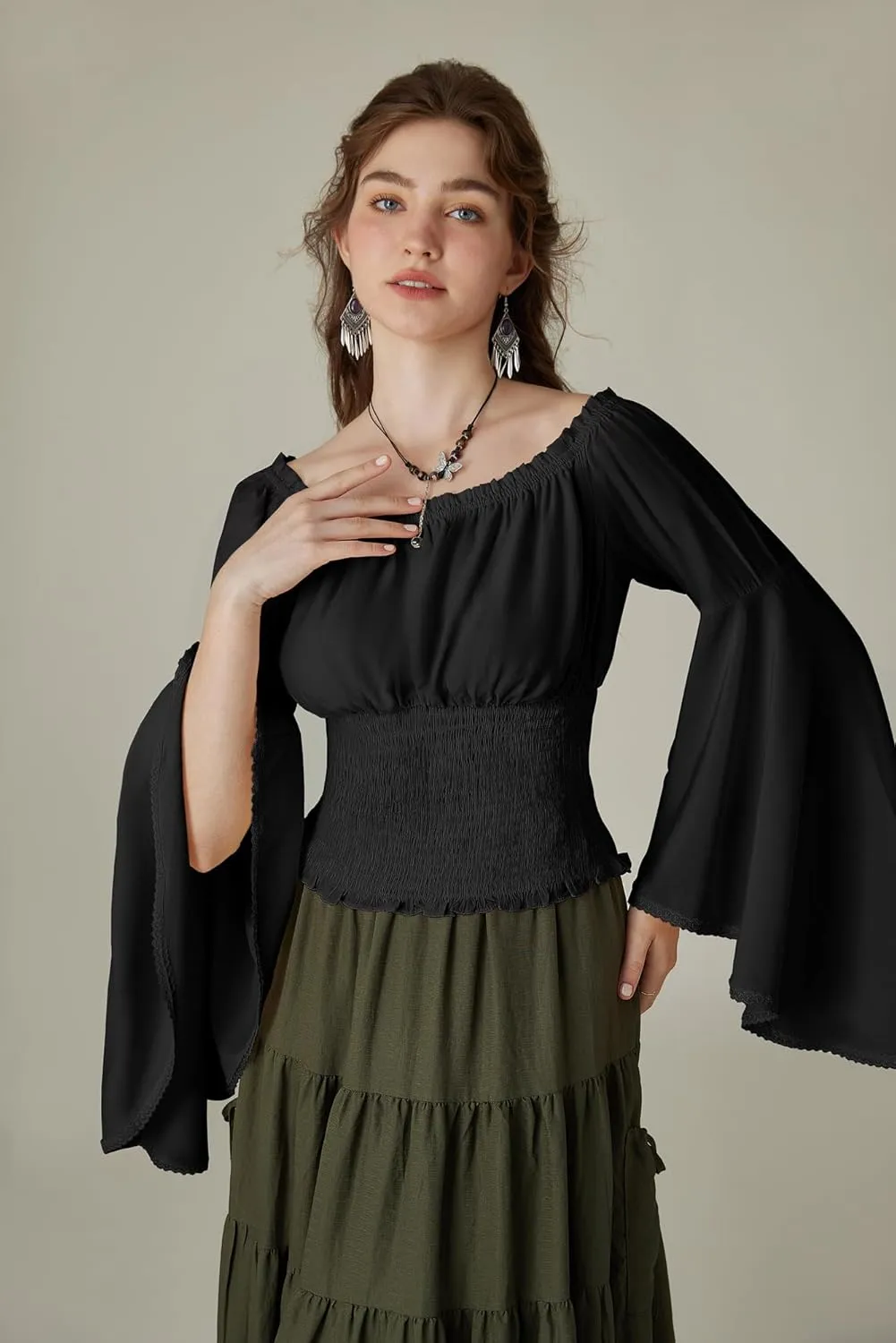 Scarlet Darkness Women Bell Sleeve Smocked Top Off The Shoulder Peasant Blouse Renaissance Pirate Shirt