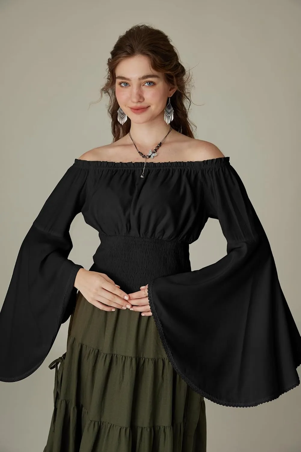 Scarlet Darkness Women Bell Sleeve Smocked Top Off The Shoulder Peasant Blouse Renaissance Pirate Shirt