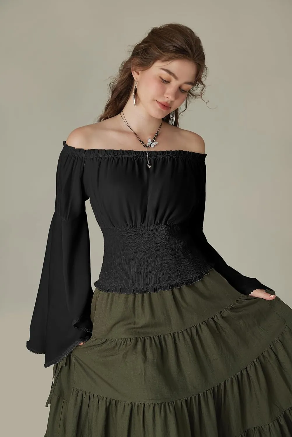Scarlet Darkness Women Bell Sleeve Smocked Top Off The Shoulder Peasant Blouse Renaissance Pirate Shirt