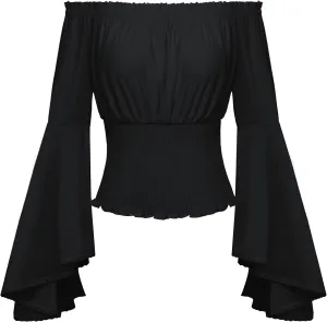 Scarlet Darkness Women Bell Sleeve Smocked Top Off The Shoulder Peasant Blouse Renaissance Pirate Shirt
