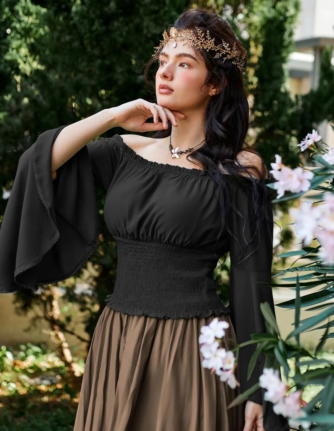 Scarlet Darkness Women Bell Sleeve Smocked Top Off The Shoulder Peasant Blouse Renaissance Pirate Shirt