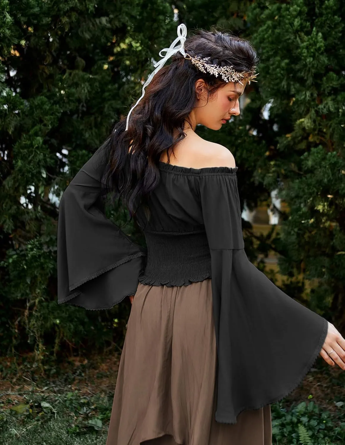 Scarlet Darkness Women Bell Sleeve Smocked Top Off The Shoulder Peasant Blouse Renaissance Pirate Shirt