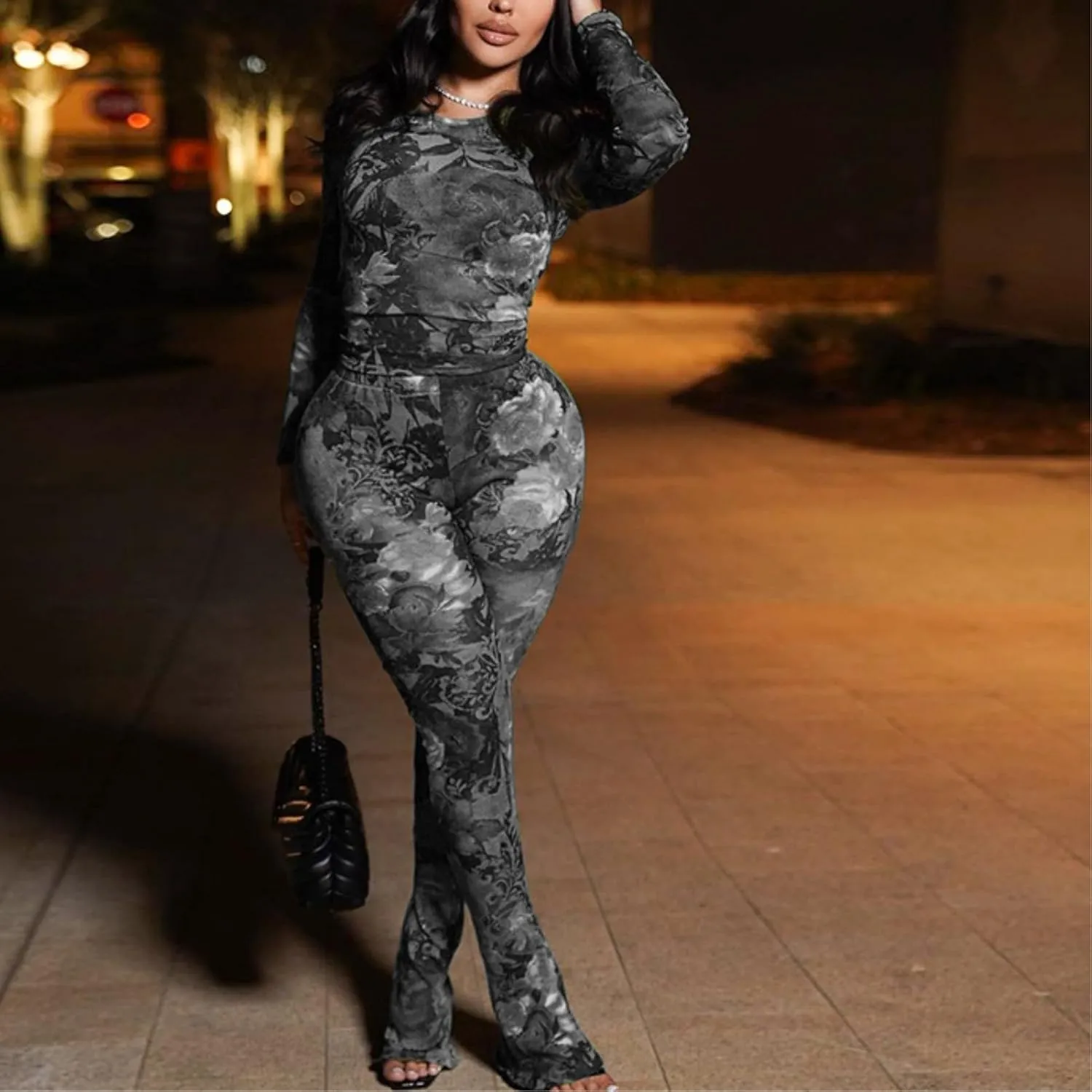 Sexy 2 Piece Set Jumpsuit for Women Floral Print See Through Mesh Long Sleeve Going Out Top and Flare Pants Sets