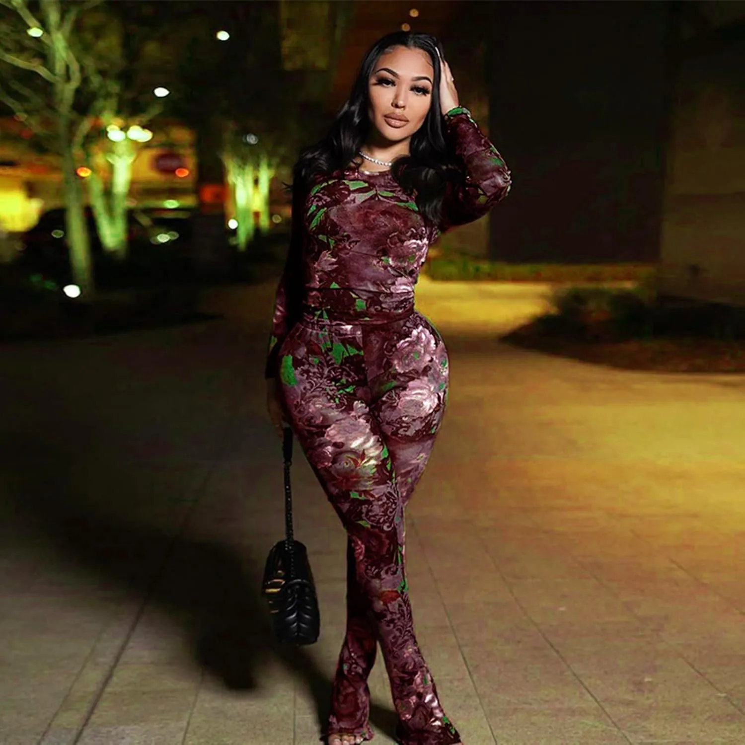 Sexy 2 Piece Set Jumpsuit for Women Floral Print See Through Mesh Long Sleeve Going Out Top and Flare Pants Sets