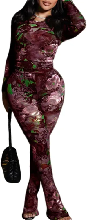 Sexy 2 Piece Set Jumpsuit for Women Floral Print See Through Mesh Long Sleeve Going Out Top and Flare Pants Sets