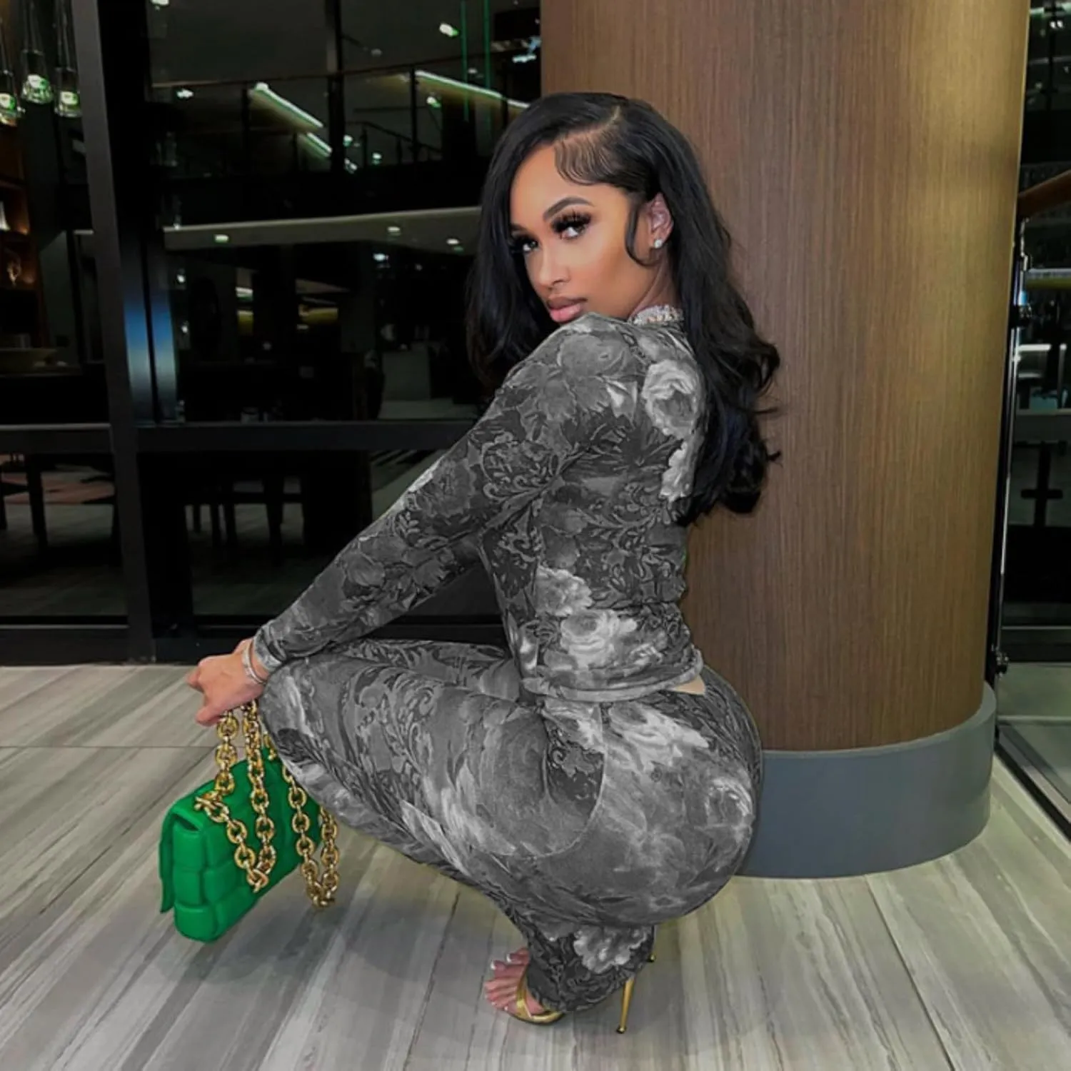 Sexy 2 Piece Set Jumpsuit for Women Floral Print See Through Mesh Long Sleeve Going Out Top and Flare Pants Sets
