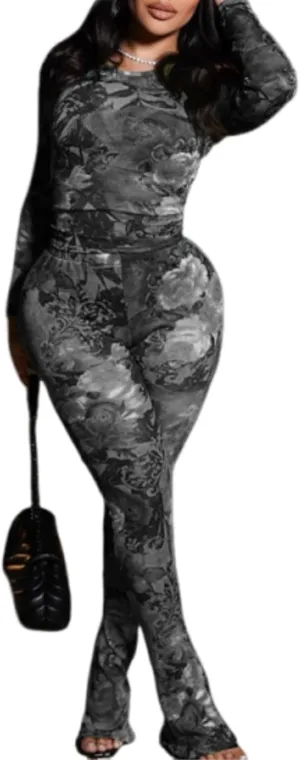 Sexy 2 Piece Set Jumpsuit for Women Floral Print See Through Mesh Long Sleeve Going Out Top and Flare Pants Sets
