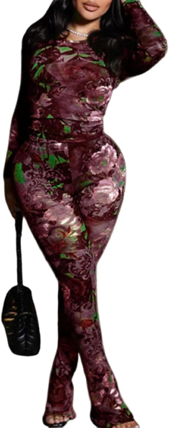 Sexy 2 Piece Set Jumpsuit for Women Floral Print See Through Mesh Long Sleeve Going Out Top and Flare Pants Sets