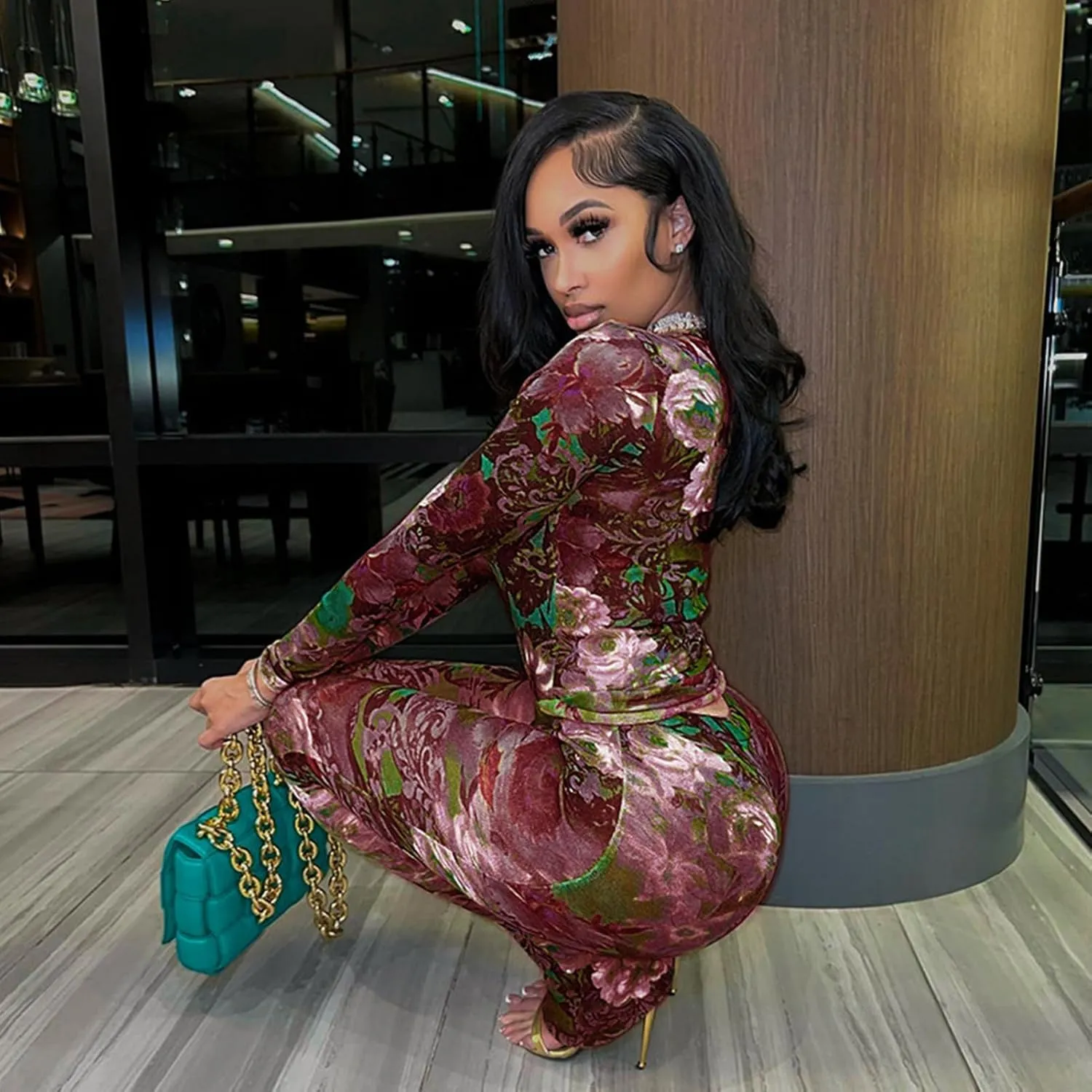 Sexy 2 Piece Set Jumpsuit for Women Floral Print See Through Mesh Long Sleeve Going Out Top and Flare Pants Sets