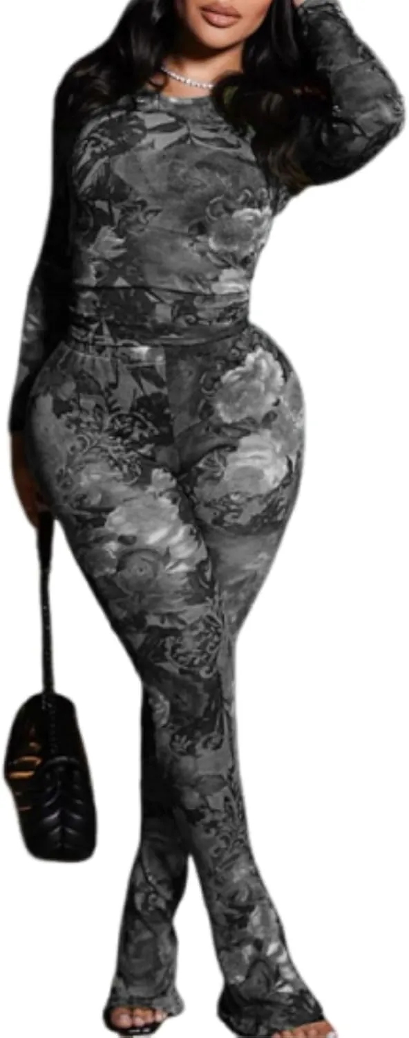 Sexy 2 Piece Set Jumpsuit for Women Floral Print See Through Mesh Long Sleeve Going Out Top and Flare Pants Sets