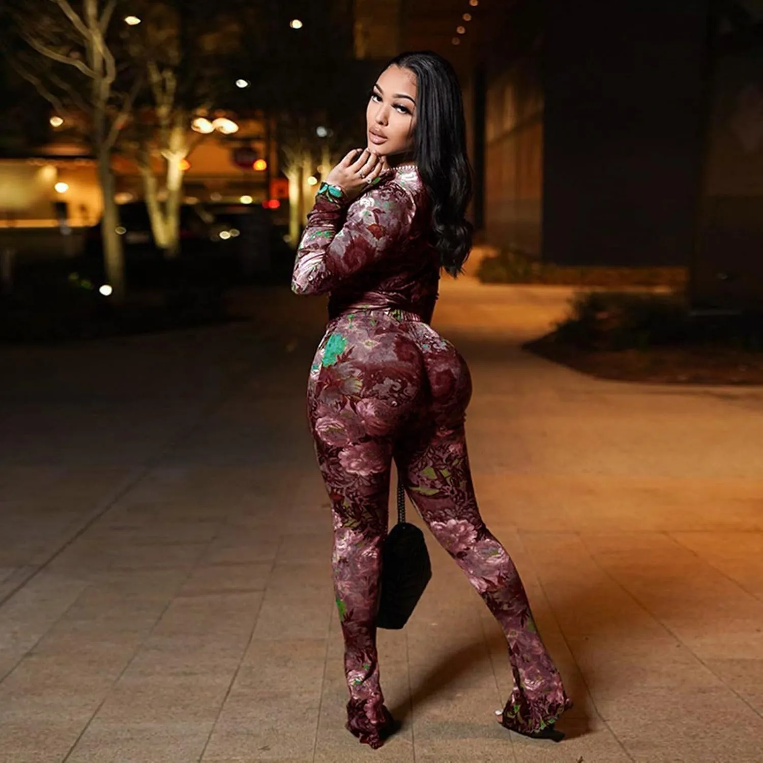 Sexy 2 Piece Set Jumpsuit for Women Floral Print See Through Mesh Long Sleeve Going Out Top and Flare Pants Sets