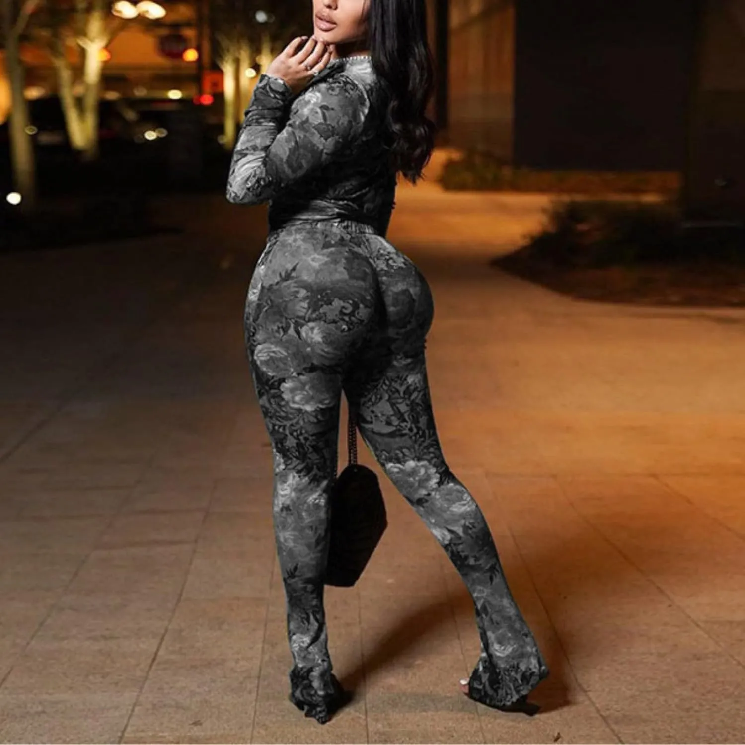 Sexy 2 Piece Set Jumpsuit for Women Floral Print See Through Mesh Long Sleeve Going Out Top and Flare Pants Sets