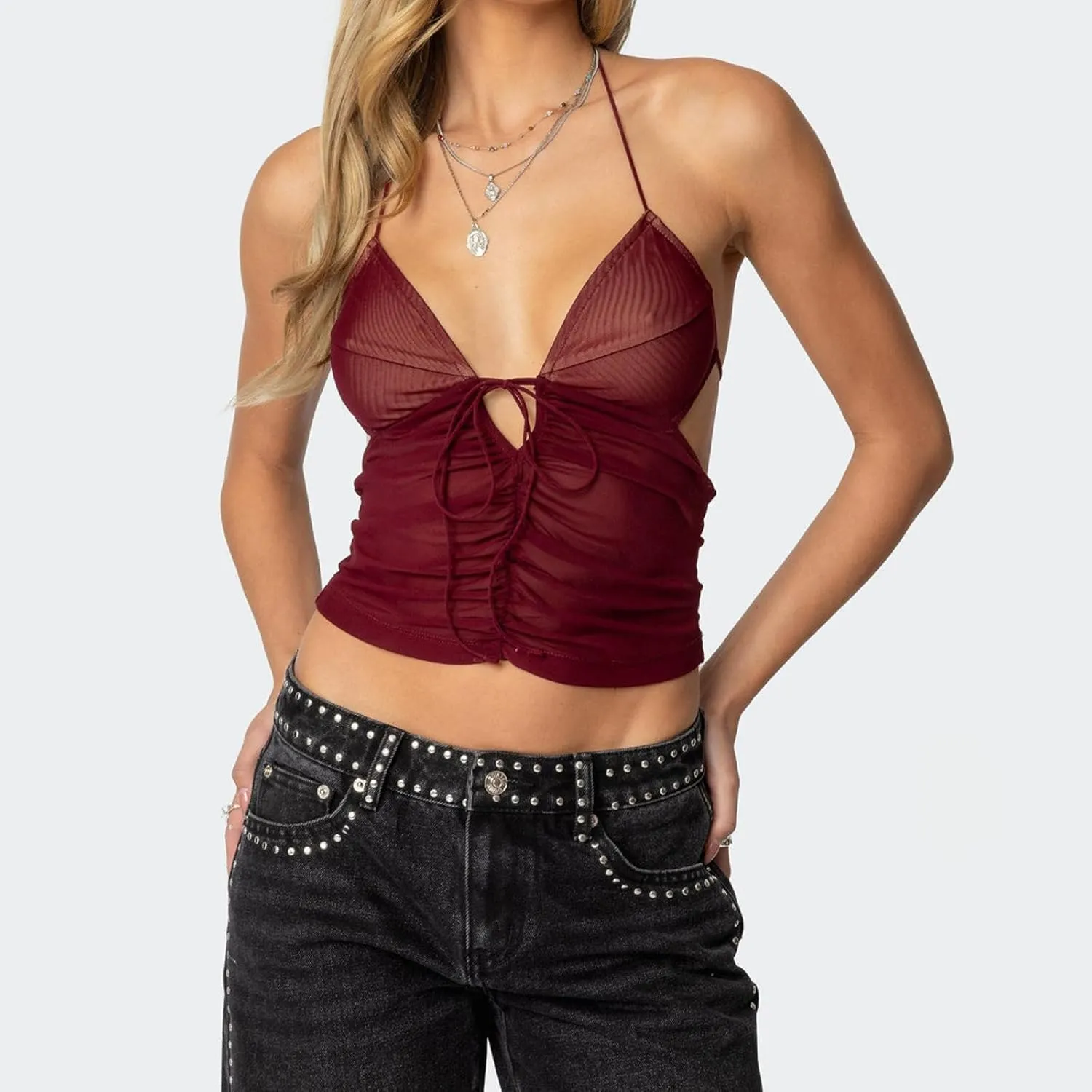 Sexy Halter Tops for Women Lace Mesh Ruched Tie Up Backless Camisole Deep V Neck Coquette Tank Top Clubwear