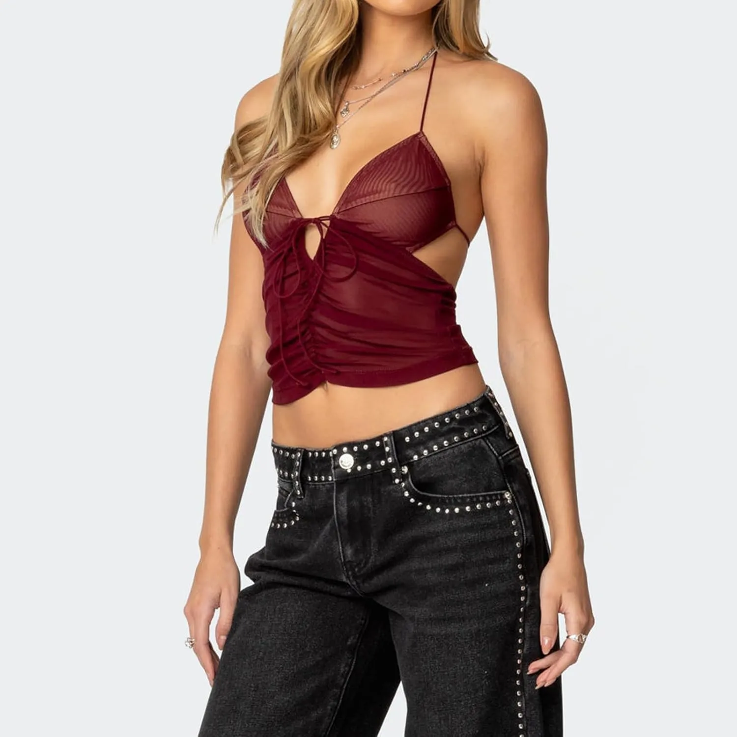 Sexy Halter Tops for Women Lace Mesh Ruched Tie Up Backless Camisole Deep V Neck Coquette Tank Top Clubwear
