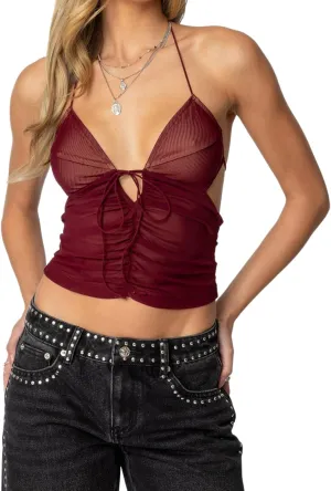 Sexy Halter Tops for Women Lace Mesh Ruched Tie Up Backless Camisole Deep V Neck Coquette Tank Top Clubwear