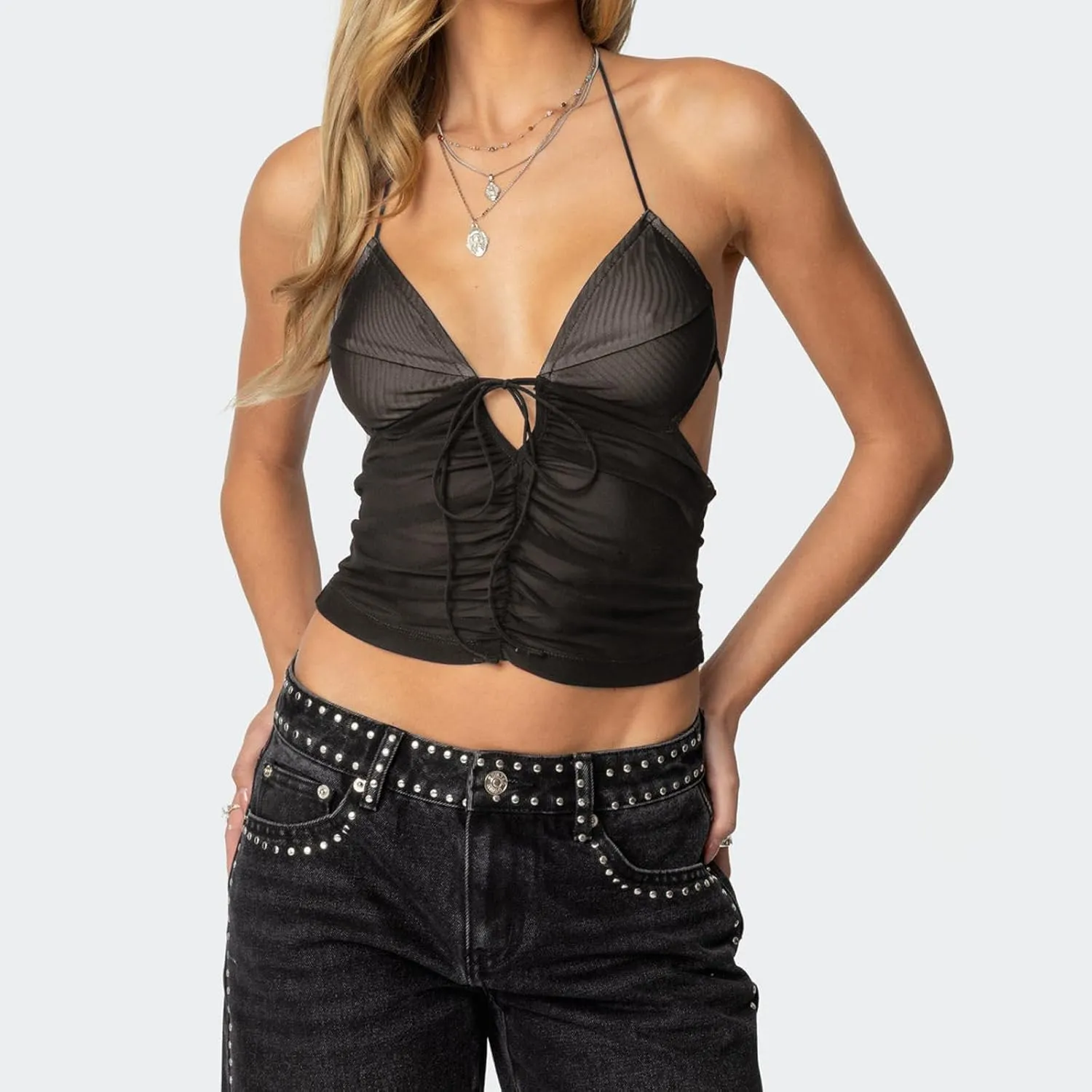 Sexy Halter Tops for Women Lace Mesh Ruched Tie Up Backless Camisole Deep V Neck Coquette Tank Top Clubwear