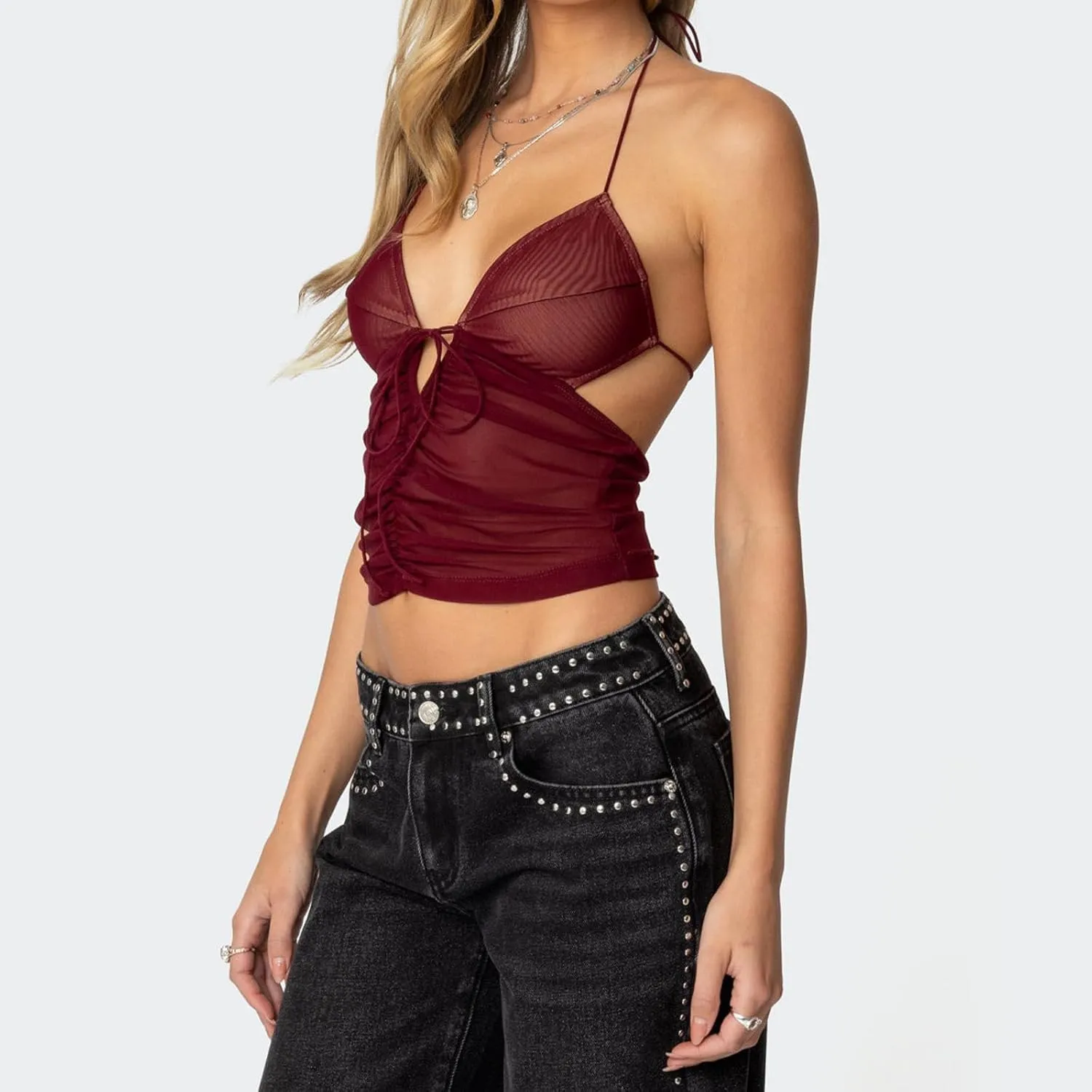 Sexy Halter Tops for Women Lace Mesh Ruched Tie Up Backless Camisole Deep V Neck Coquette Tank Top Clubwear