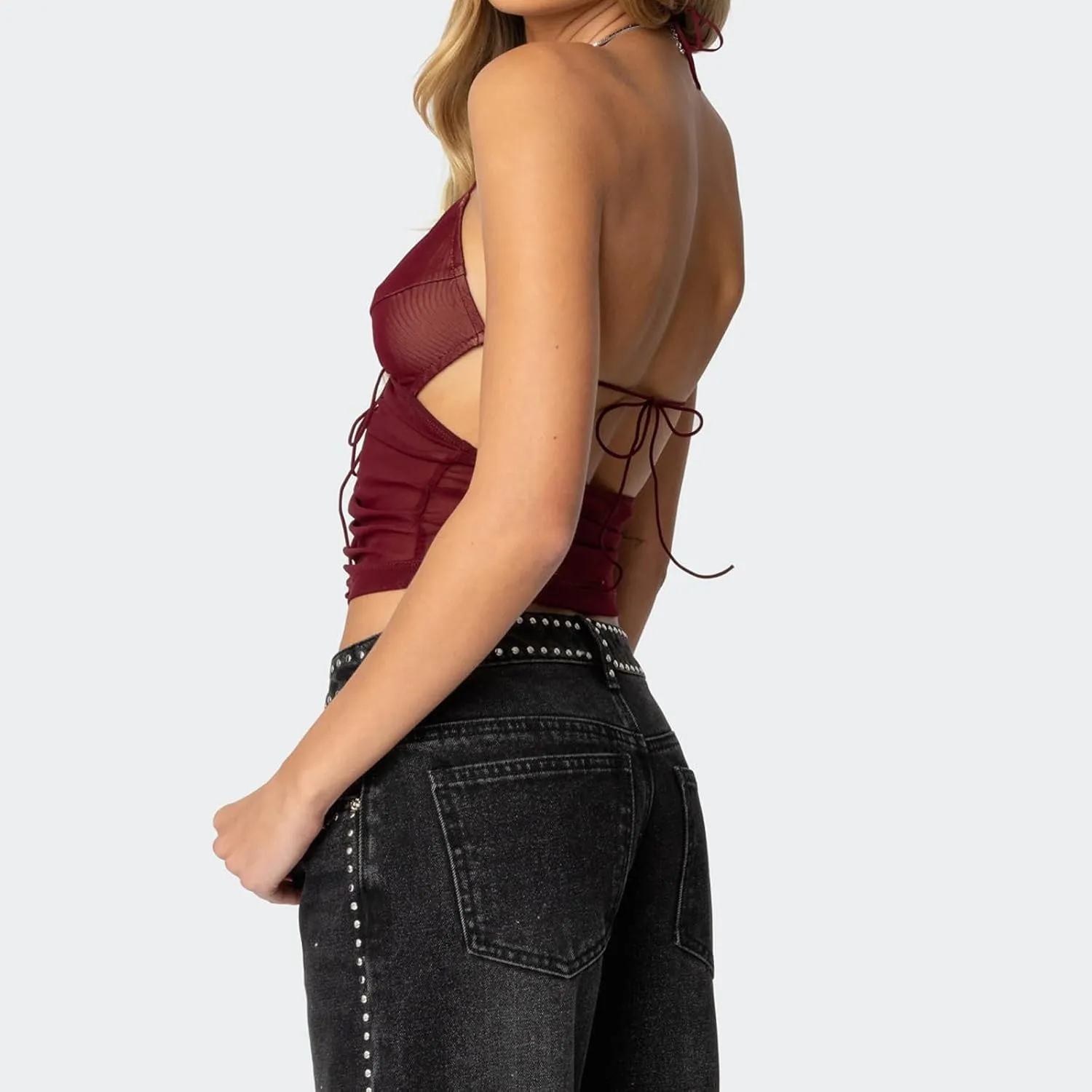 Sexy Halter Tops for Women Lace Mesh Ruched Tie Up Backless Camisole Deep V Neck Coquette Tank Top Clubwear
