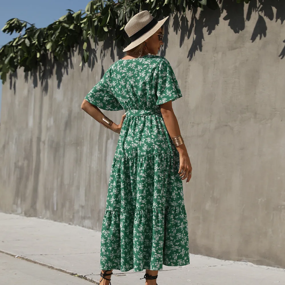 Short Sleeve Belt Up Wholesale Boho Clothing Wholesale Maxi Dresses