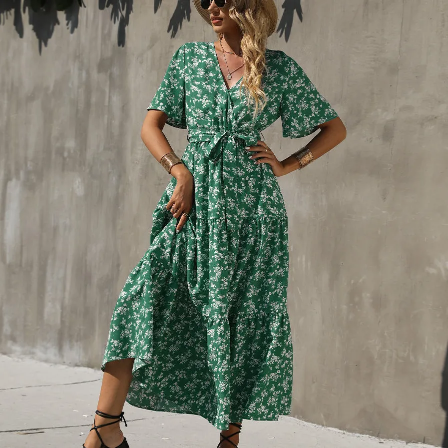 Short Sleeve Belt Up Wholesale Boho Clothing Wholesale Maxi Dresses