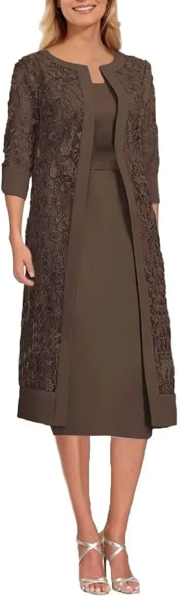 Short Sleeve Mother of The Bride Dresses with Jackets Laces Chiffon 2 Piece Formal Party Gowns Tea Length