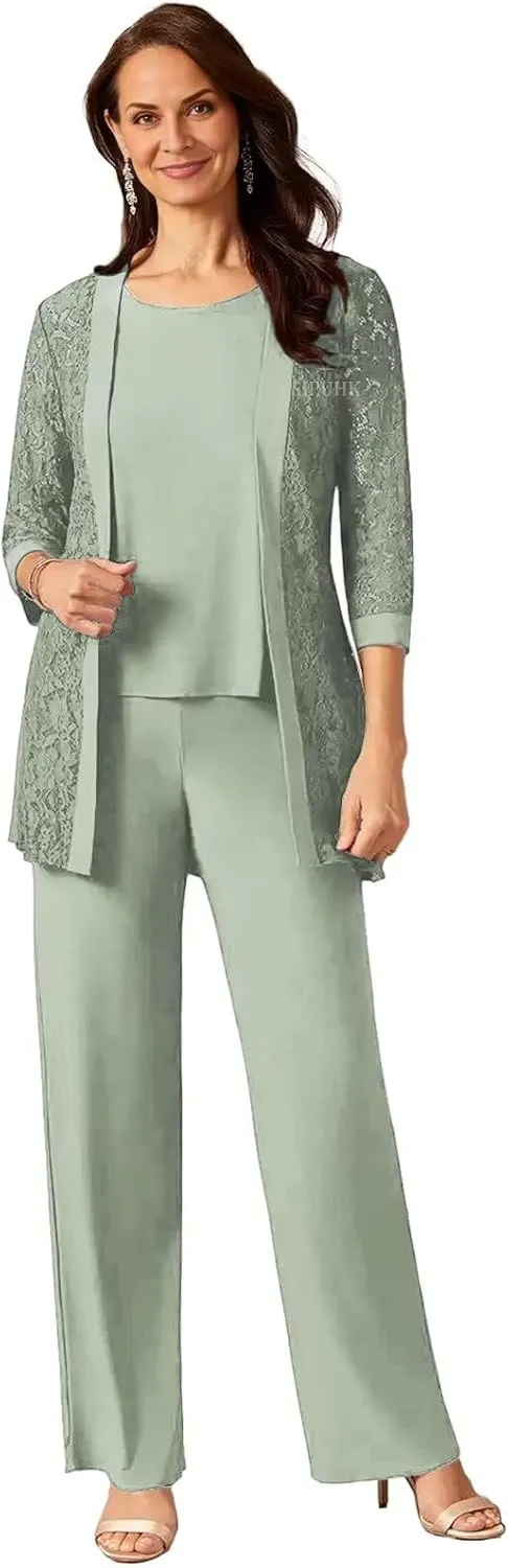 SIPUHK 3 Pieces Mother of The Bride Pantsuits with Jackets Lace 3/4 Sleeve Classy Formal Pant Suits for Women Dressy