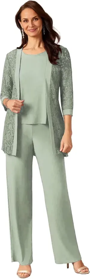 SIPUHK 3 Pieces Mother of The Bride Pantsuits with Jackets Lace 3/4 Sleeve Classy Formal Pant Suits for Women Dressy