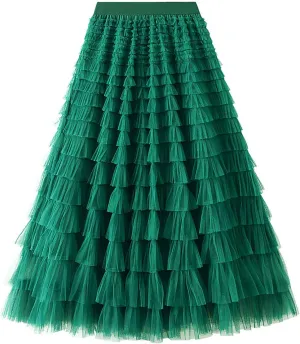 Skirts for Women Summer Flowy Tulle A-Line Cake Skirt Fashion Layered Midi Mesh Skirt Elastic High Waist Skirts