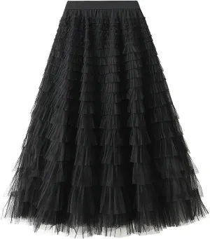 Skirts for Women Summer Flowy Tulle A-Line Cake Skirt Fashion Layered Midi Mesh Skirt Elastic High Waist Skirts