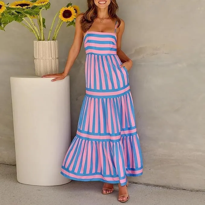 Smocked Maxi Dress for Women,Womens Striped Smocked Dress Sleeveless Cutout Backless Spaghetti Strap Boho Sundresses