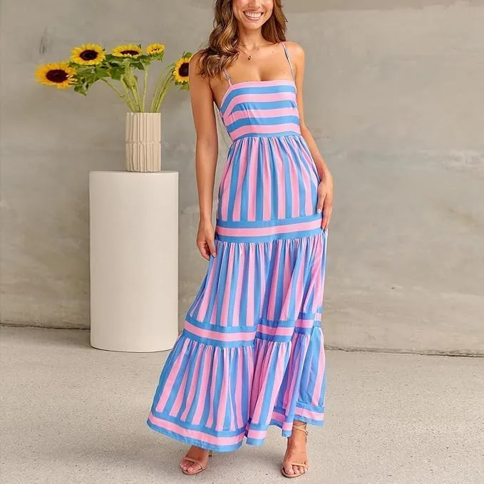 Smocked Maxi Dress for Women,Womens Striped Smocked Dress Sleeveless Cutout Backless Spaghetti Strap Boho Sundresses