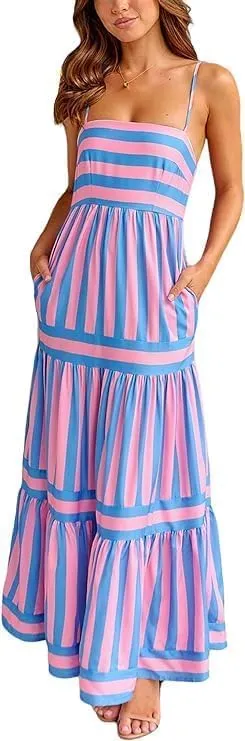 Smocked Maxi Dress for Women,Womens Striped Smocked Dress Sleeveless Cutout Backless Spaghetti Strap Boho Sundresses